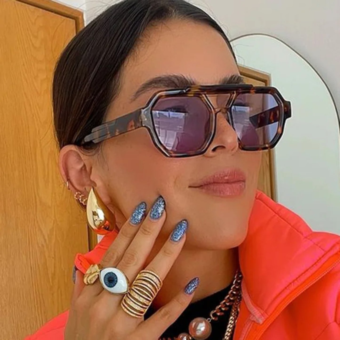 Plastic Tortoise Double-Bridge Polygon UV400 Sunglasses