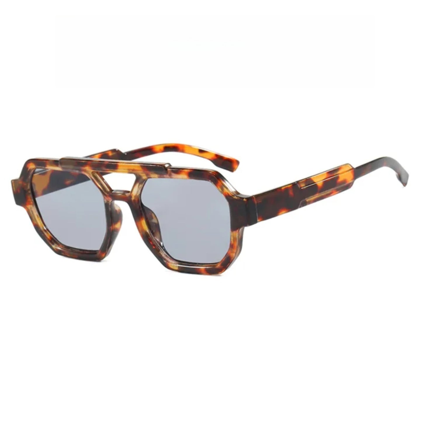 Plastic Tortoise Double-Bridge Polygon UV400 Sunglasses