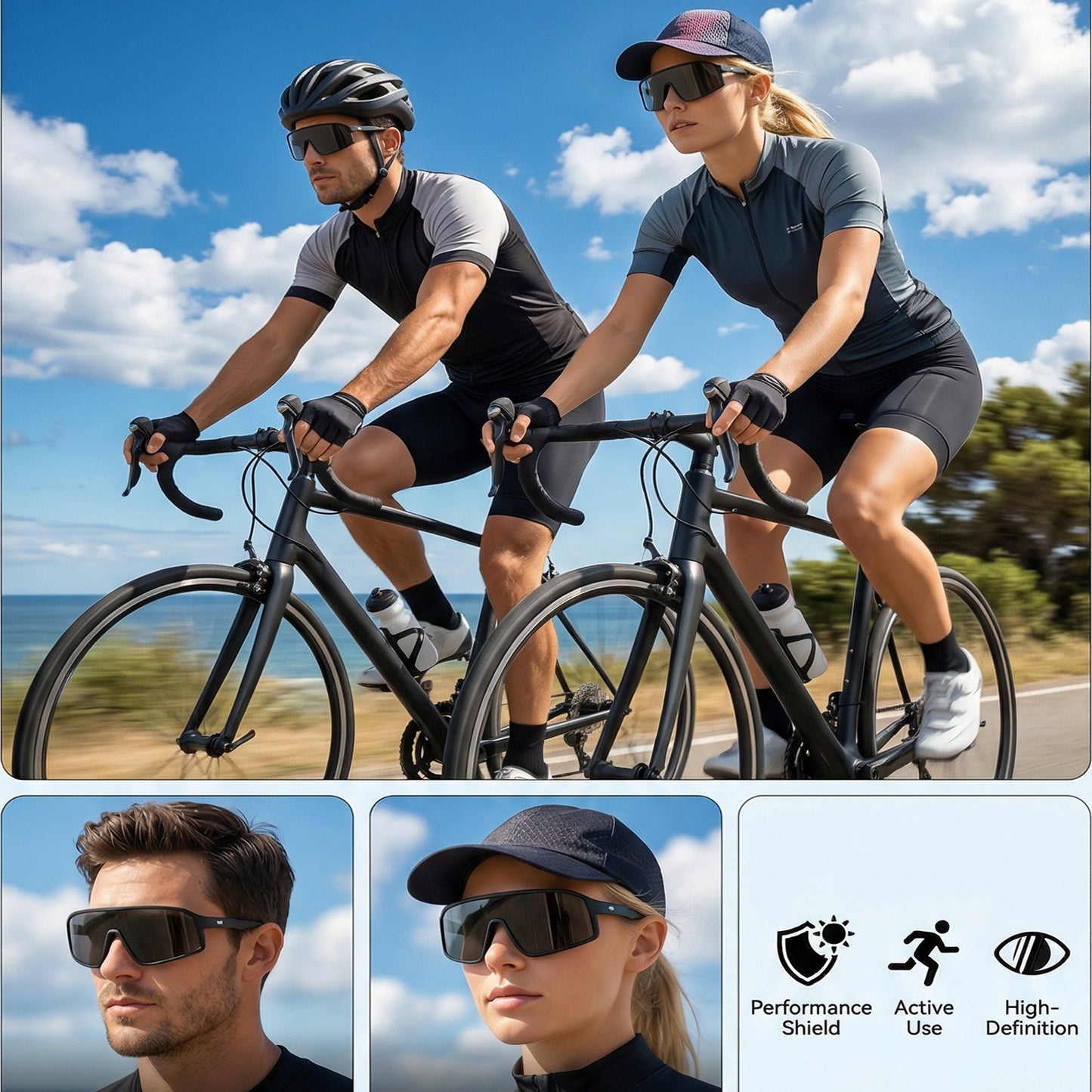 Wide-View Square Shield Sports Sunglasses with Polarised Lens for Outdoor Activities