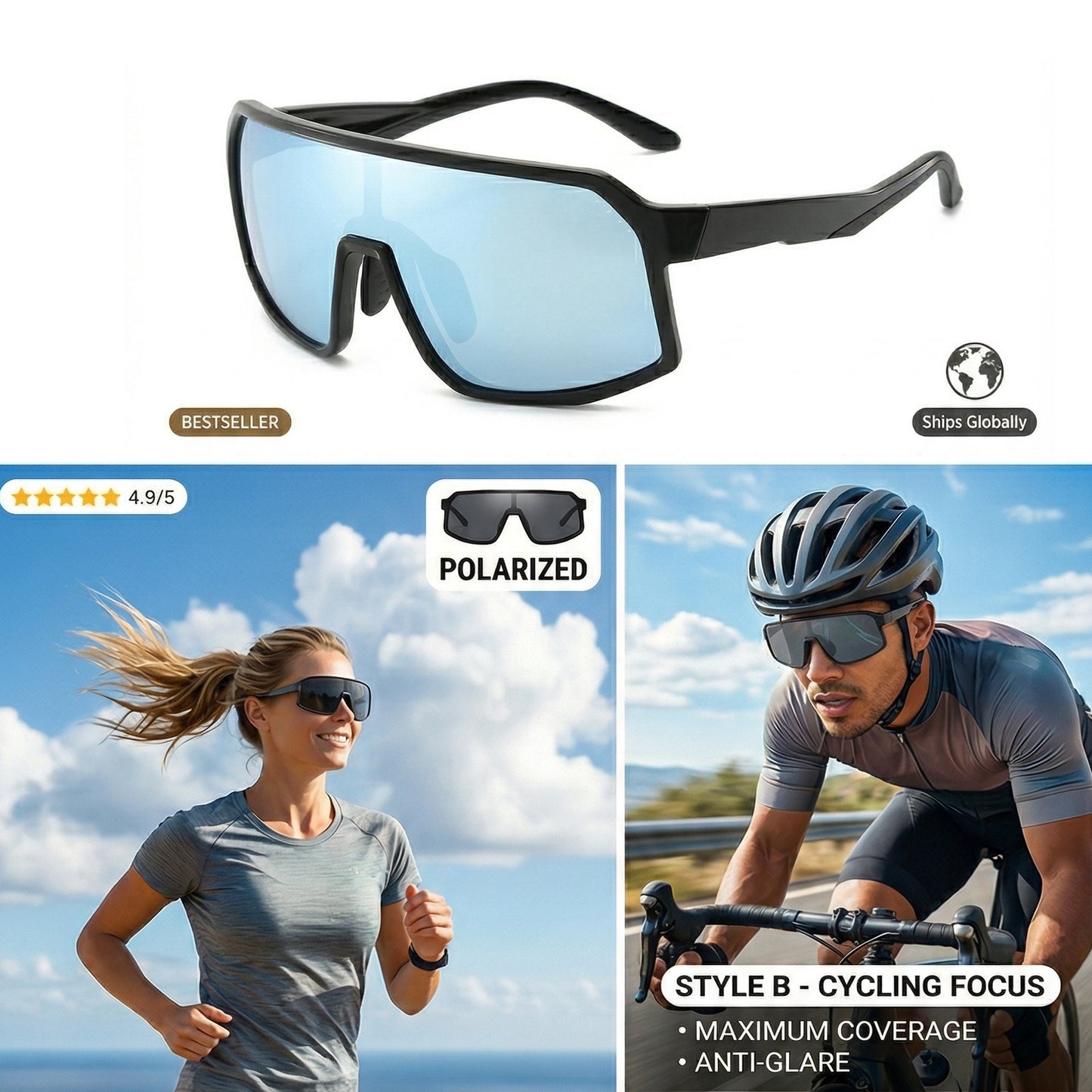 Wide-View Square Shield Sports Sunglasses with Polarised Lens for Outdoor Activities