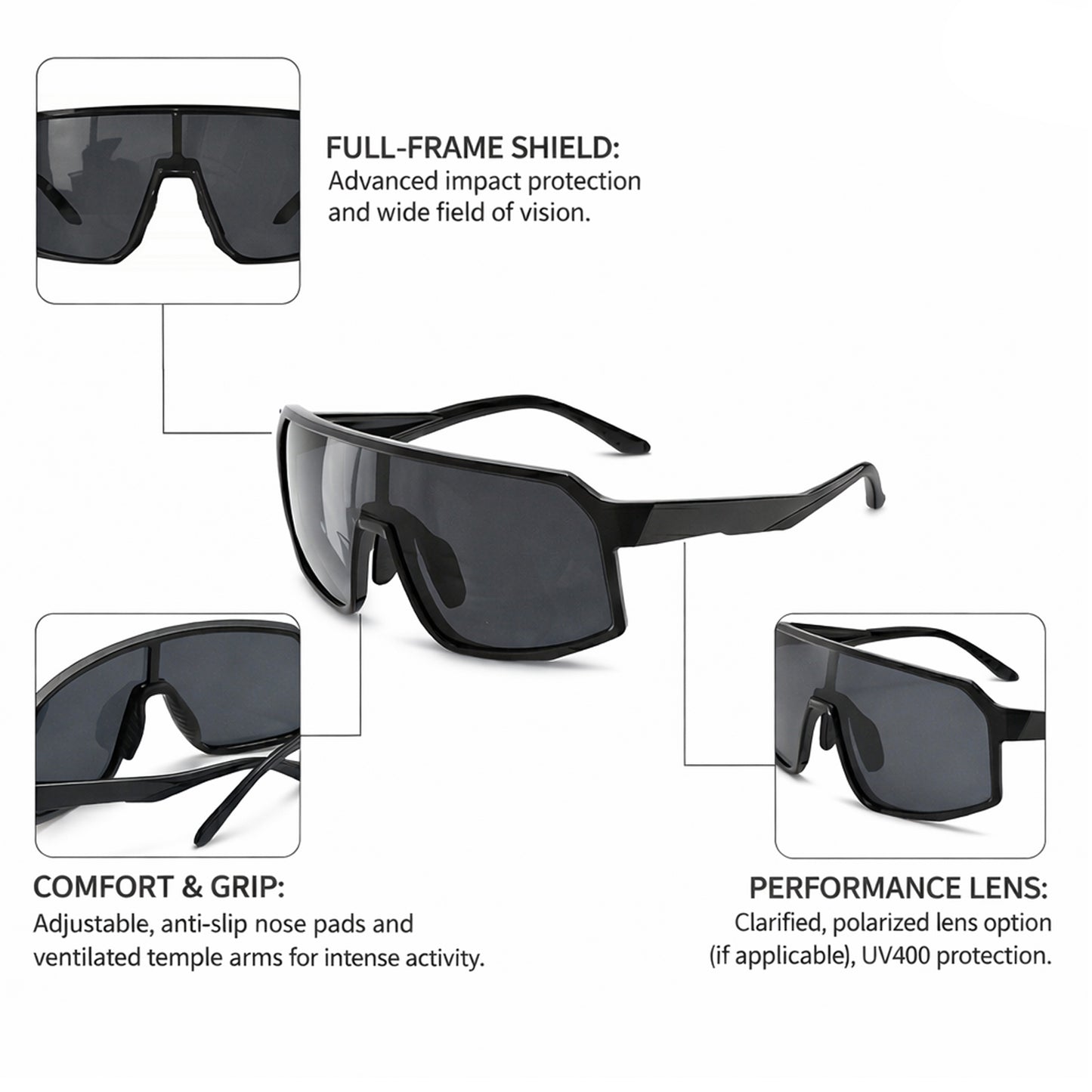 Wide-View Square Shield Sports Sunglasses with Polarised Lens for Outdoor Activities