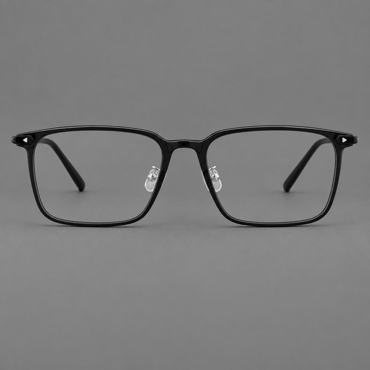 Wide rectangular plastic eyeglasses with an angular browline and slender rims in Glossy Black, front view