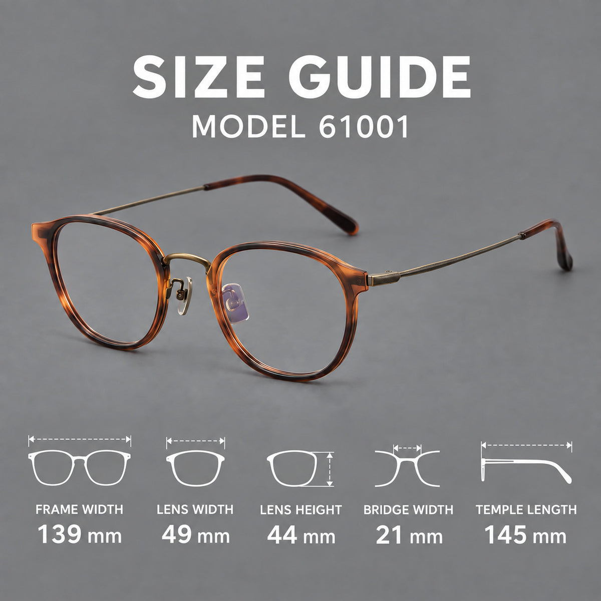 Retro soft square eyeglasses in acetate and titanium with a curved bridge and slender temples, size guide in millimetres