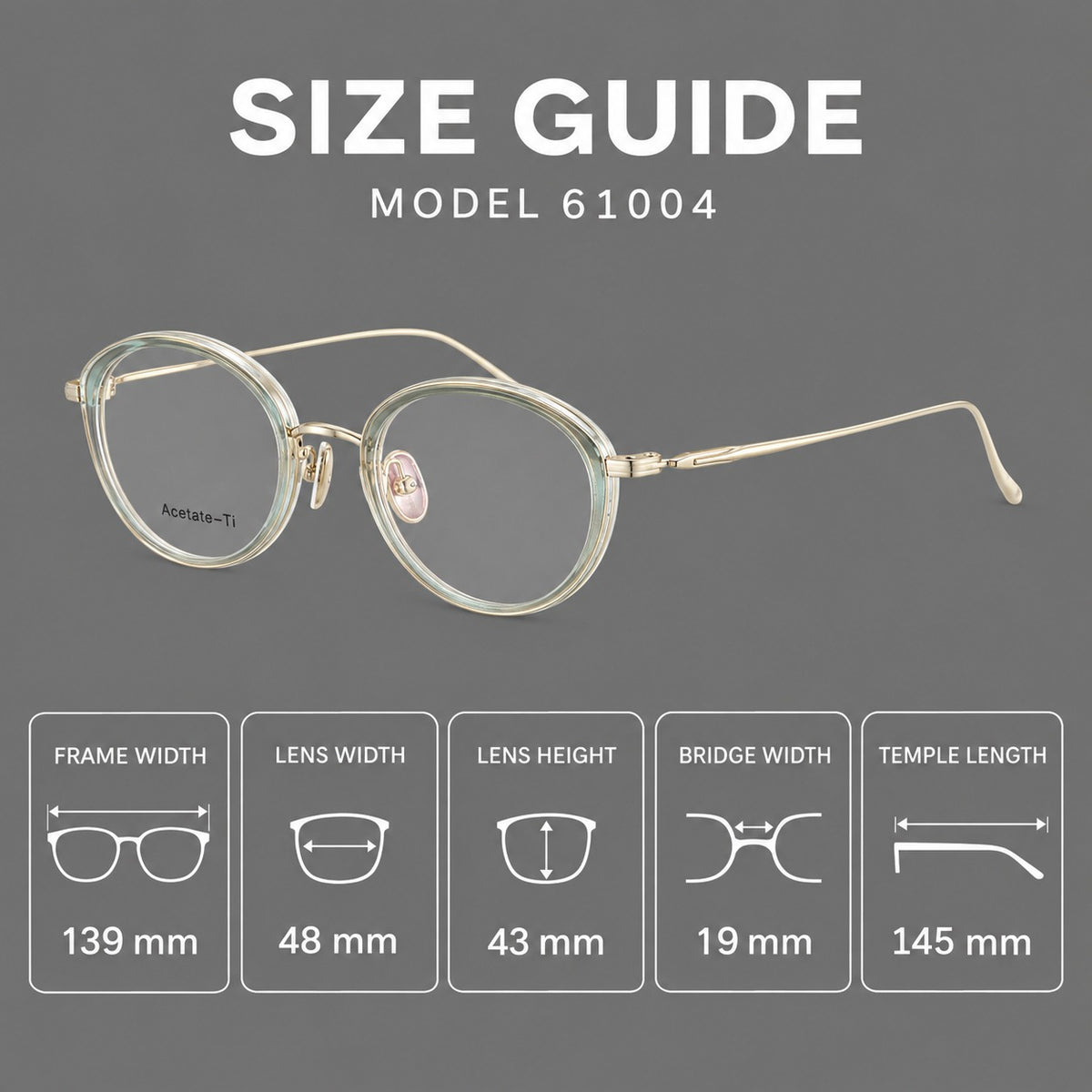 Round eyeglasses in acetate and titanium with a slim curved bridge and fine metal temples, size guide in millimetres