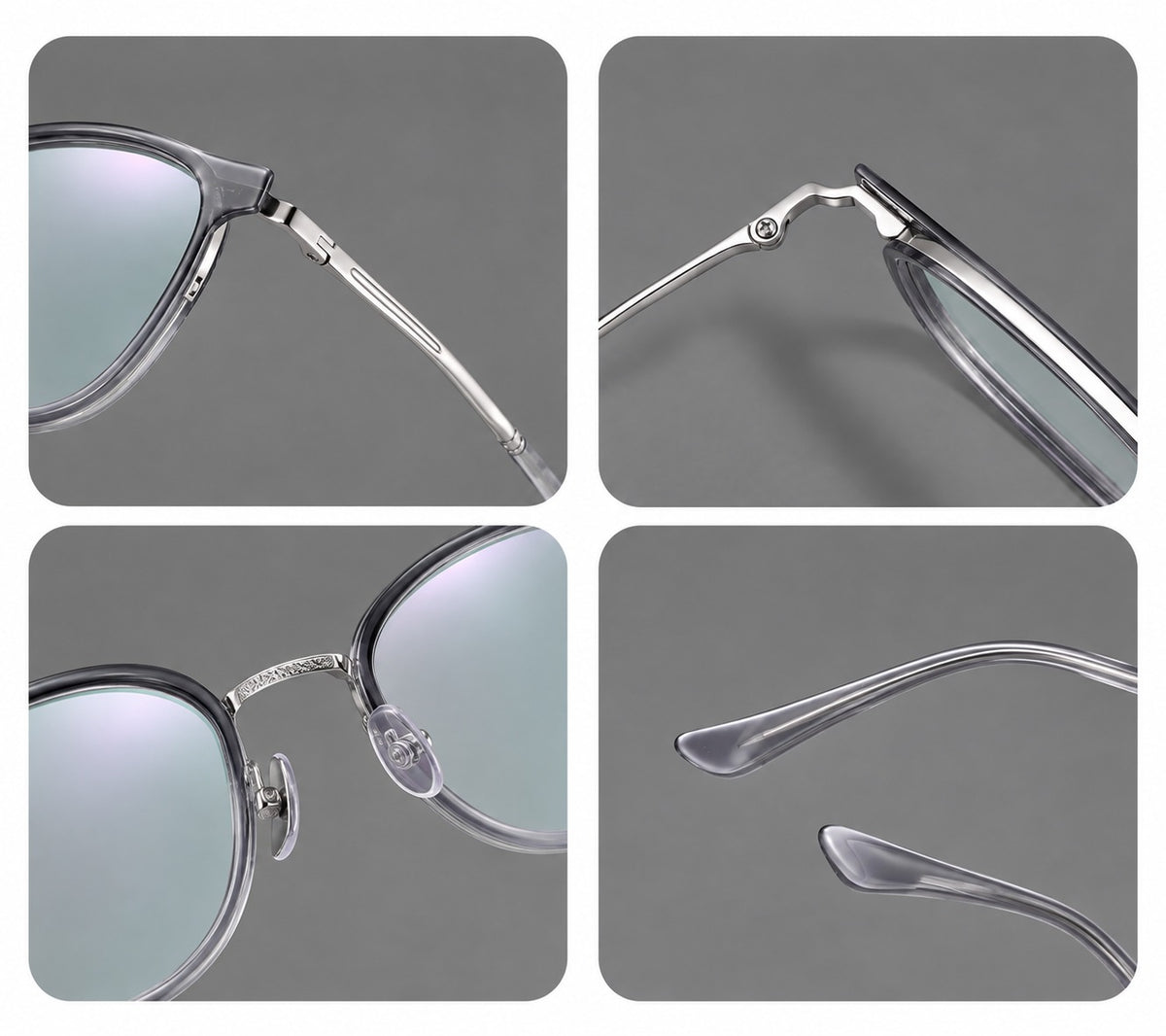 Vintage round eyeglasses in acetate and titanium with an engraved bridge and slender temples, frame details