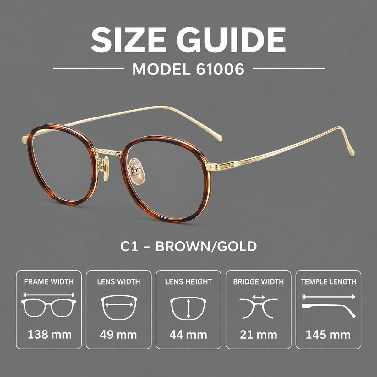 Vintage round eyeglasses in acetate and titanium with an engraved bridge and slender temples, size guide in millimetres