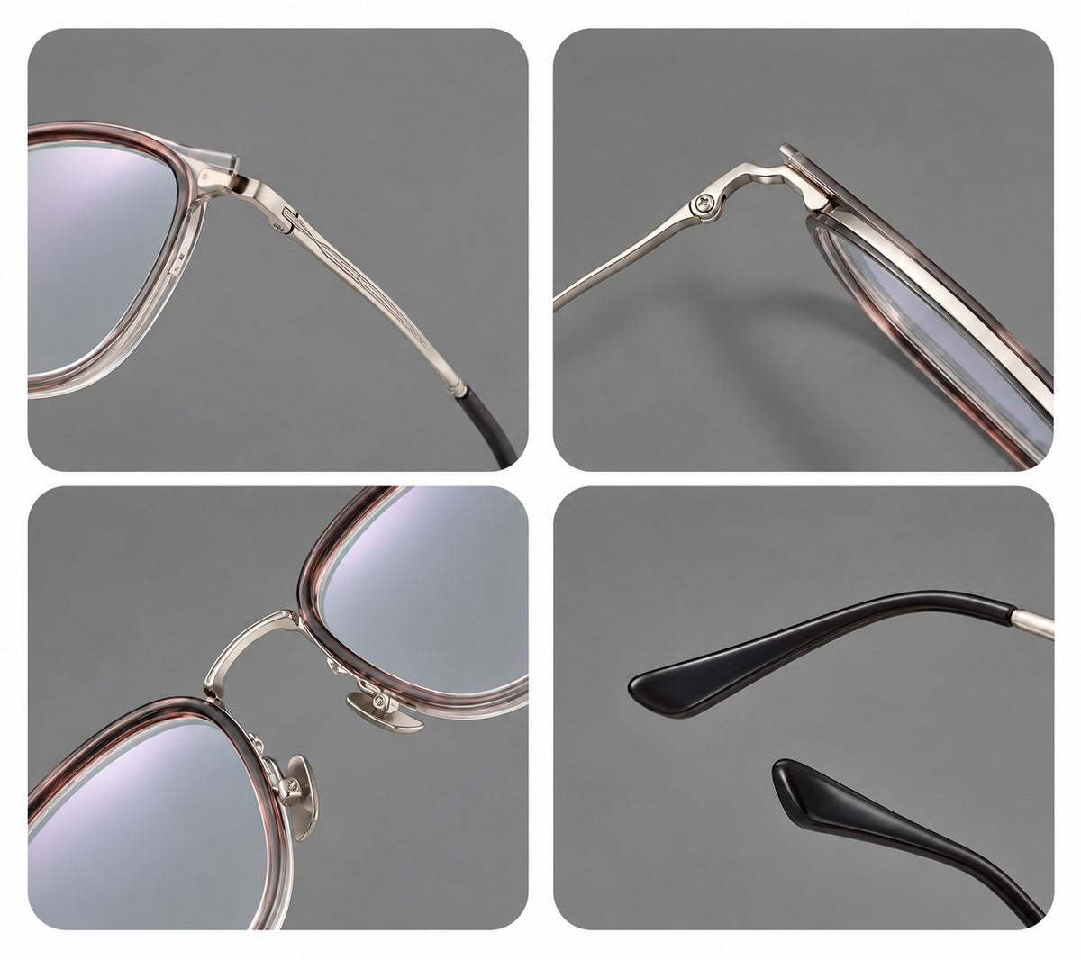 Soft square eyeglasses in acetate and titanium with rounded corners and decorative metal temples, frame details