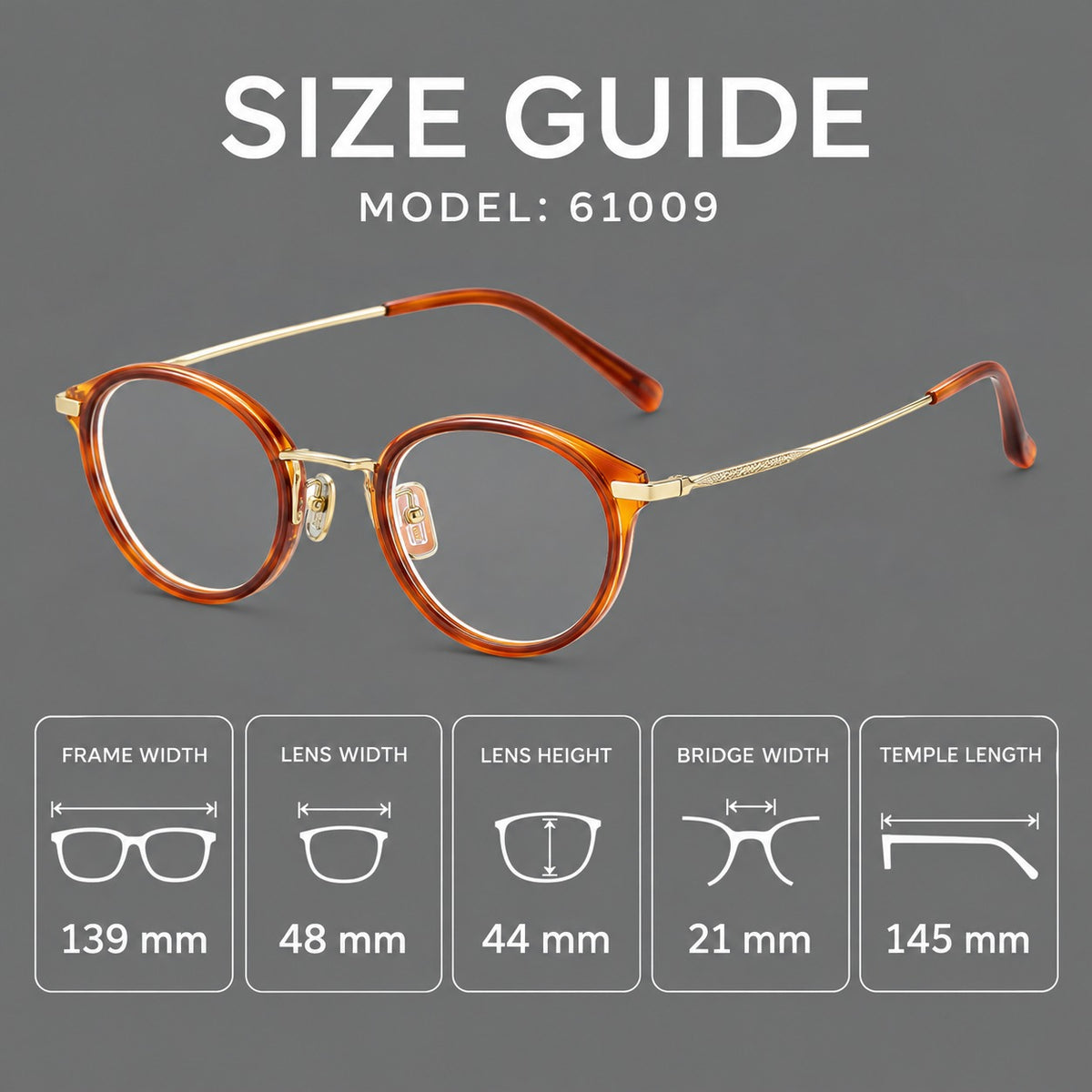 Retro panto eyeglasses in acetate and titanium with an arched bridge and engraved metal temples, size guide in millimetres