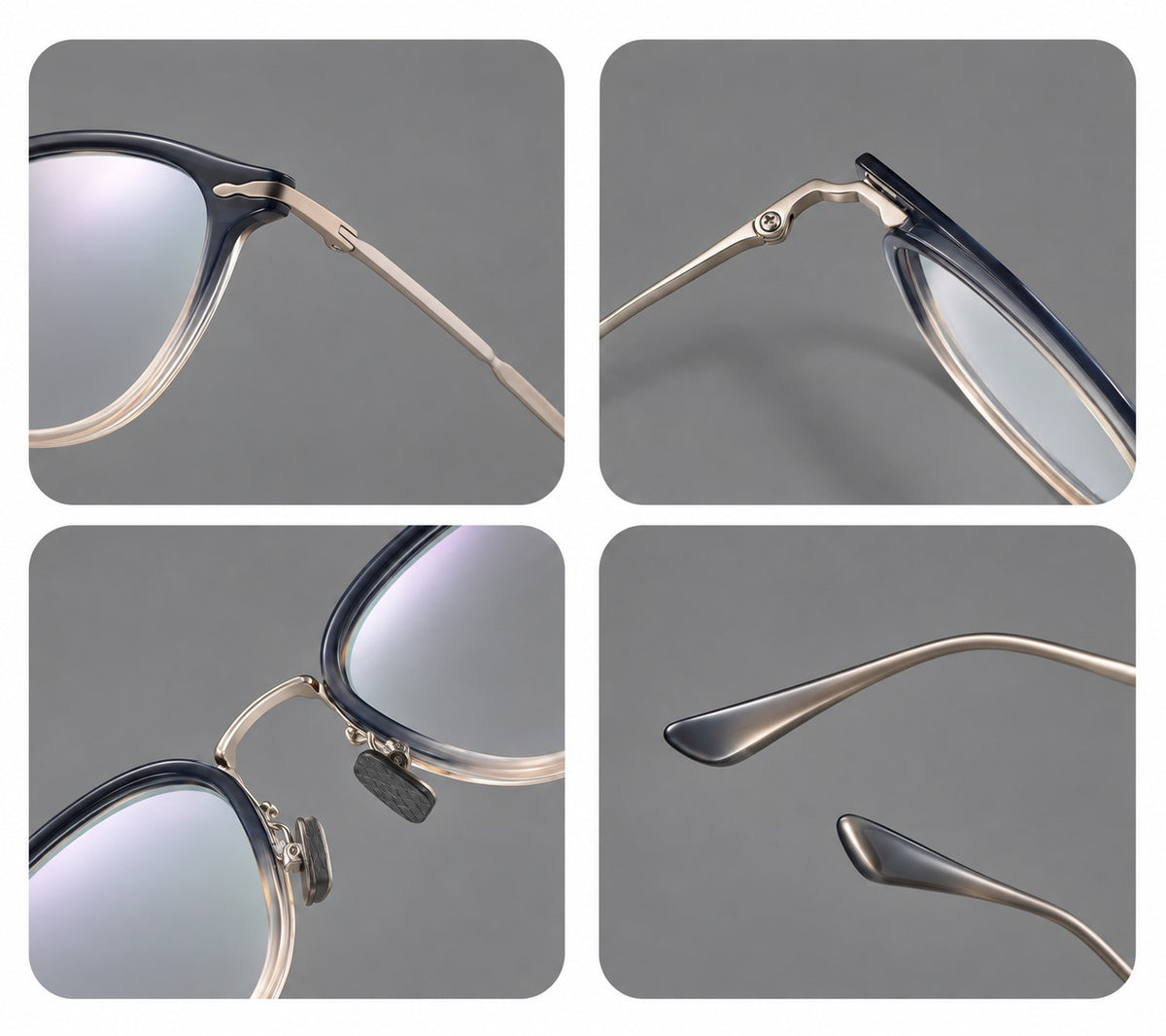 Panto eyeglasses in acetate and titanium with curved brows and decorative metal corner accents, frame details