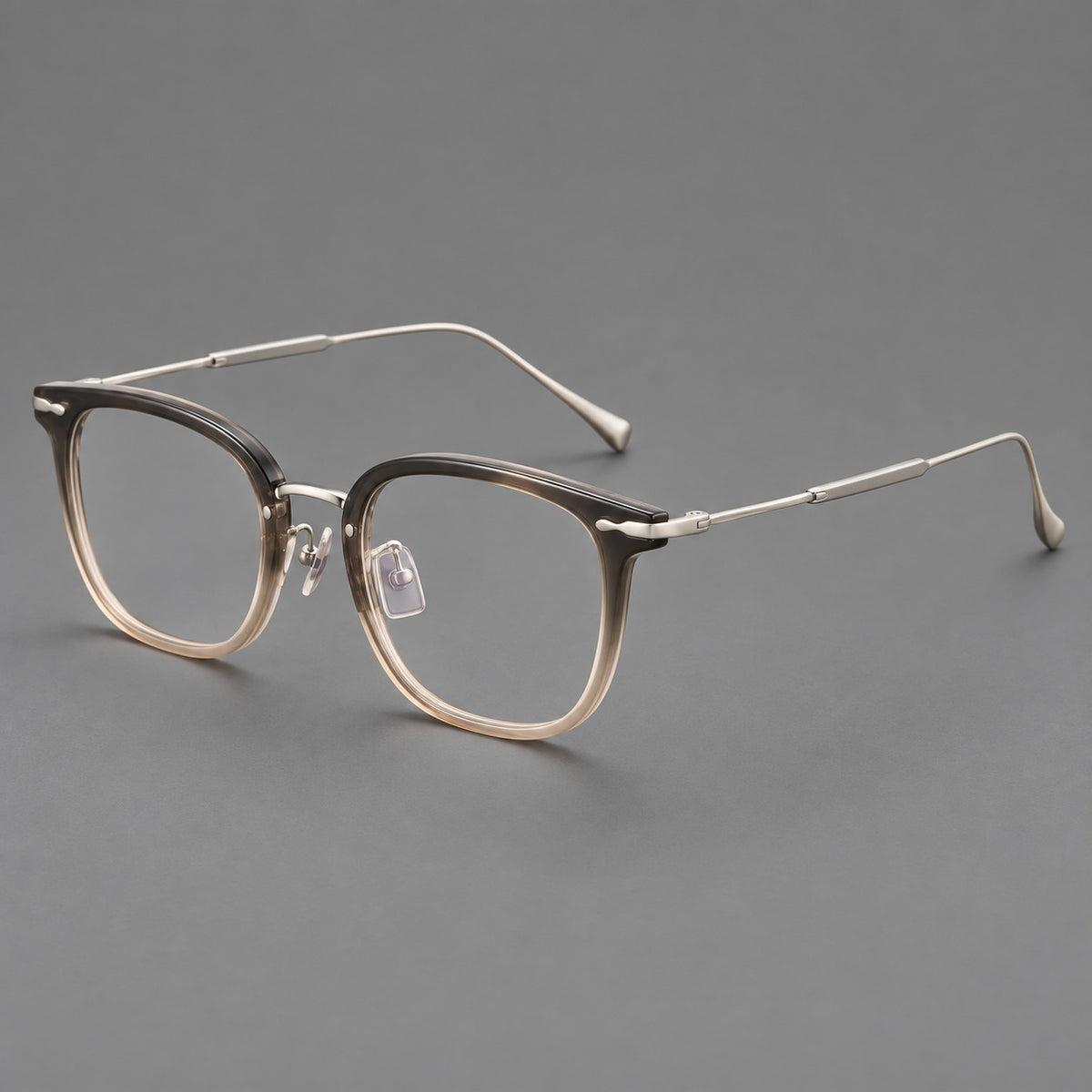 Retro square eyeglasses in acetate and titanium with rounded edges and sculpted corner accents in Mist Tea Gradient / Silver, three quarter view