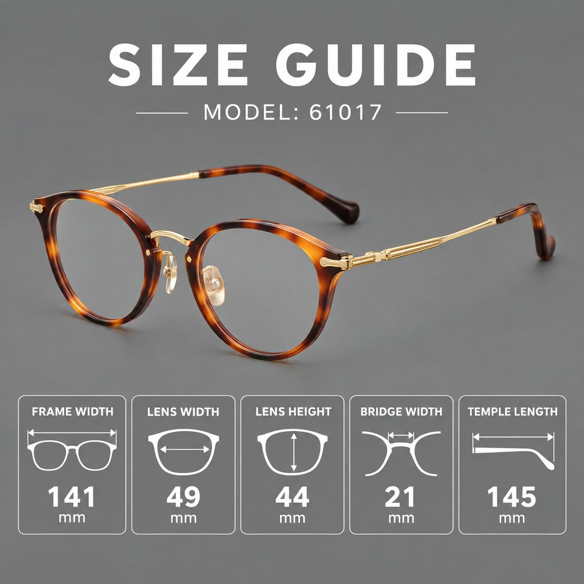 Vintage panto eyeglasses in acetate and titanium with raised brows and textured metal temples, size guide in millimetres