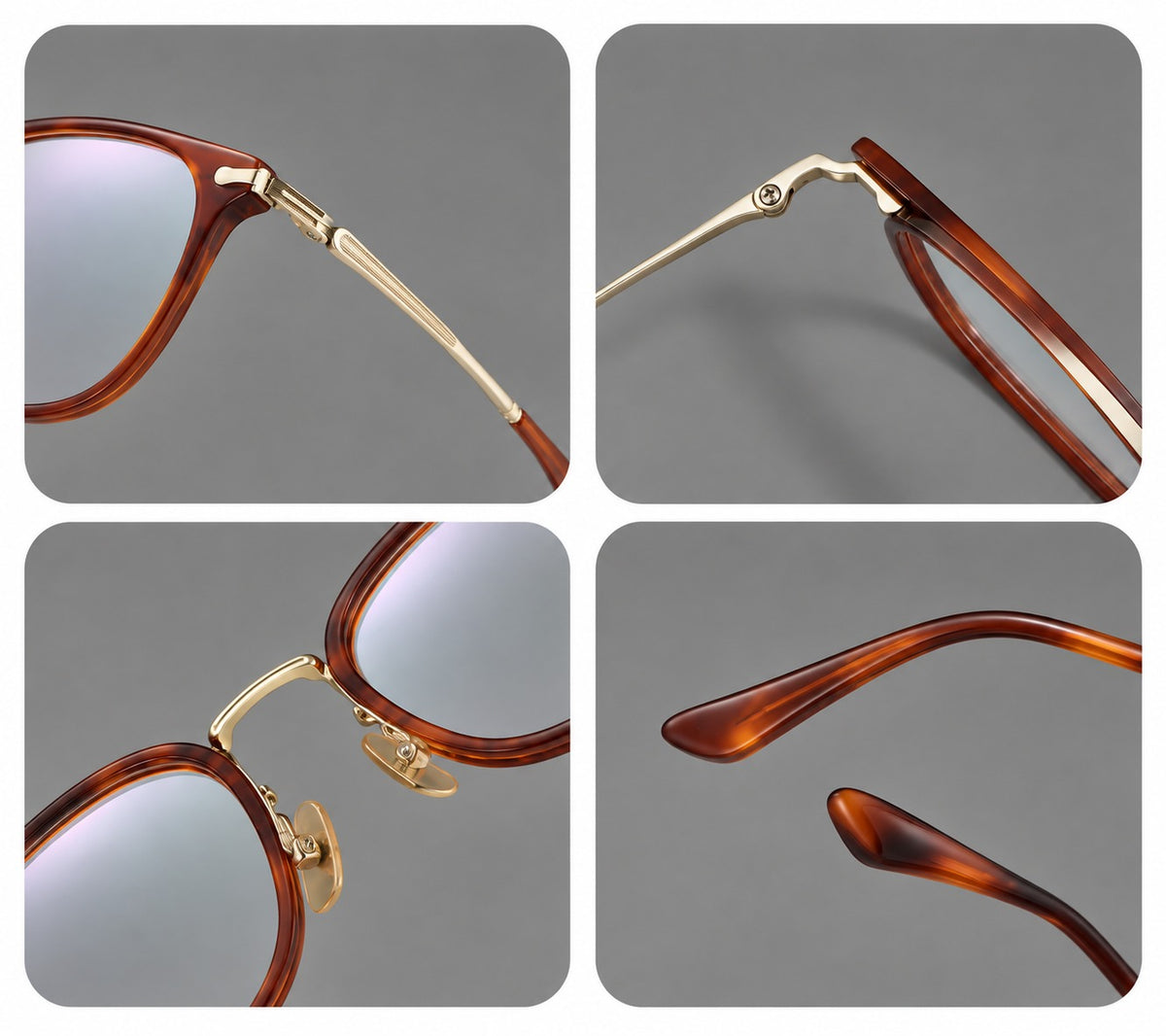 Classic soft square eyeglasses in acetate and titanium with engraved temples and corner accents, frame details