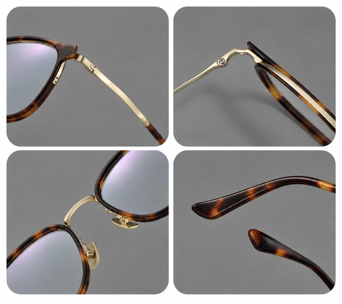 Round eyeglasses in acetate and titanium with widened outer corners and slender metal temples, frame details