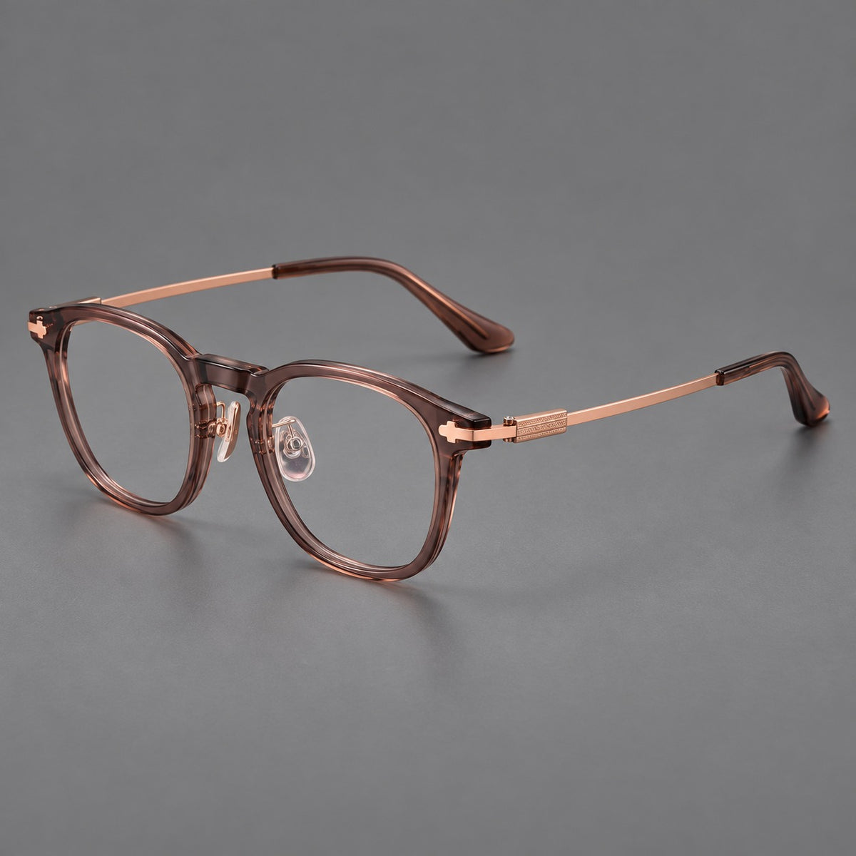Retro acetate and titanium eyeglasses with soft square rims and sculpted metal corners in Dark Tea / Rose Gold, three quarter view