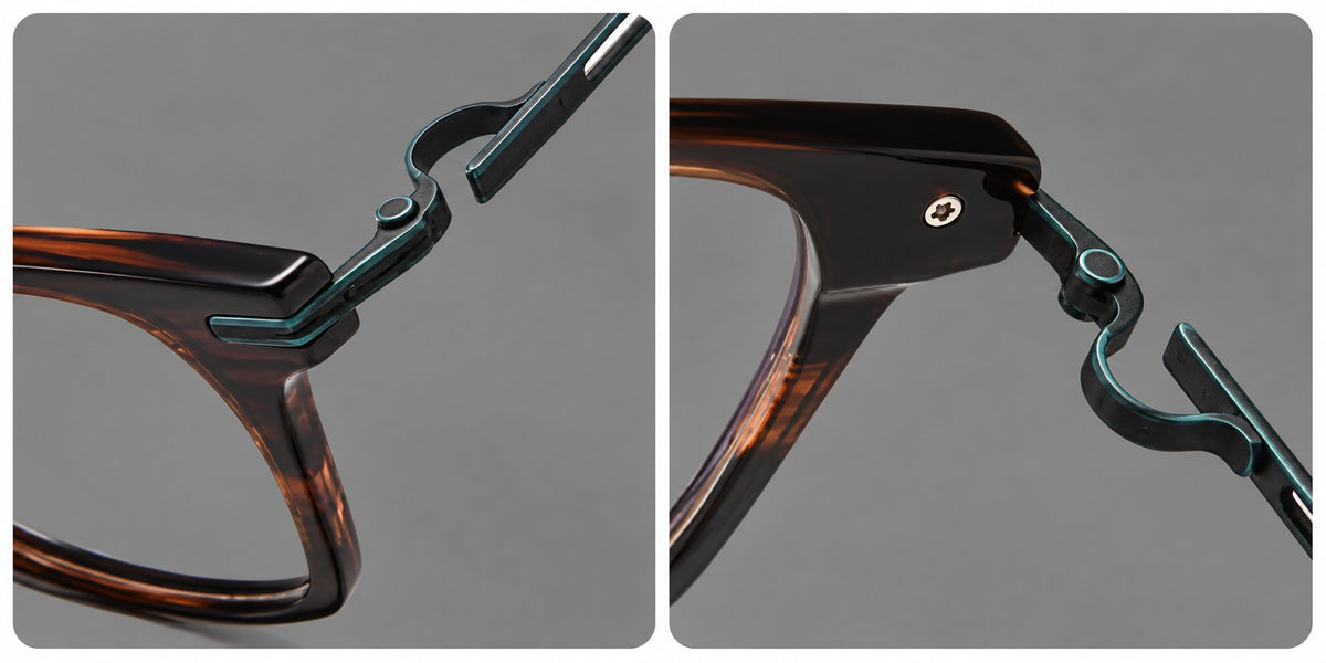 Modern acetate and titanium eyeglasses with angular square rims and curved metal hinges, frame details
