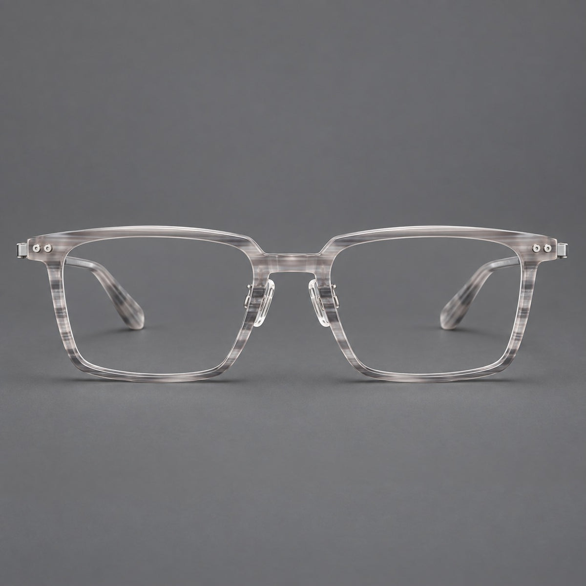 Classic acetate and titanium eyeglasses with a straight brow and rounded rectangular rims in Striped Grey / Silver, front view