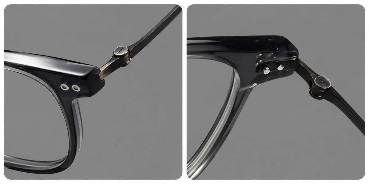 Vintage acetate and titanium eyeglasses with soft square rims and paired metal rivets, frame details