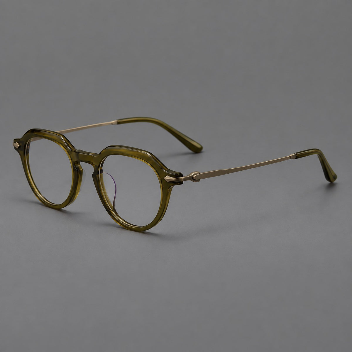Retro acetate and titanium eyeglasses with panto rims and decorative arrow corner accents in Army Green / Antique Bronze, three quarter view