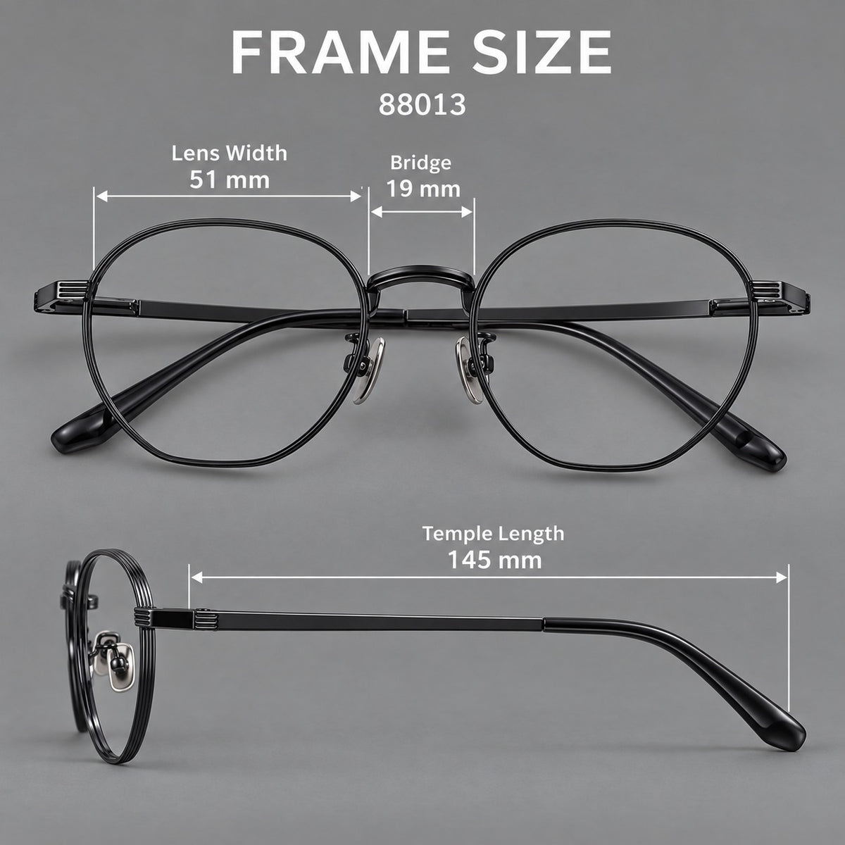 Retro panto titanium glasses with a curved bridge and fine parallel rim grooves, size guide in millimetres