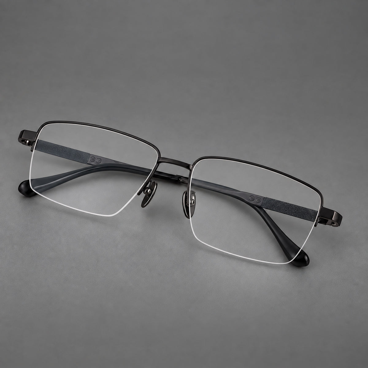 Wide half frame titanium glasses with rectangular lenses and textured temples in Black, three quarter view