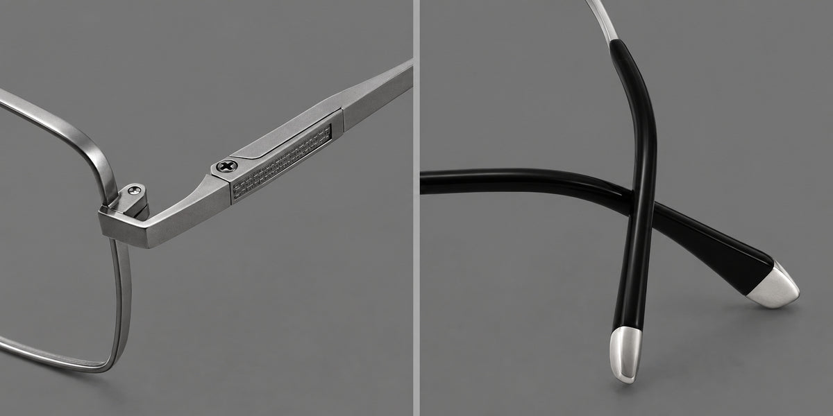 Clean rectangular titanium glasses with inset temple details and pale end accents, frame details