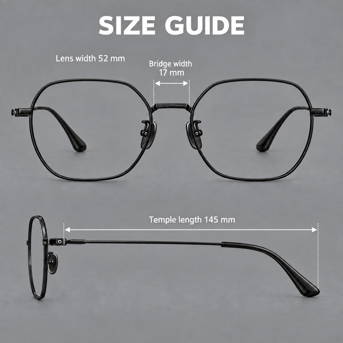 Geometric titanium glasses with engraved rim edges and curved temple joins, size guide in millimetres