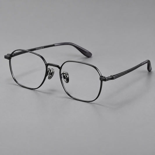 Soft square titanium glasses with an angular bridge and layered corner details in Black, three quarter view