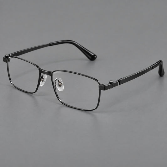 Wide rectangular titanium glasses with a broad bridge and rounded hinge caps in Black, three quarter view