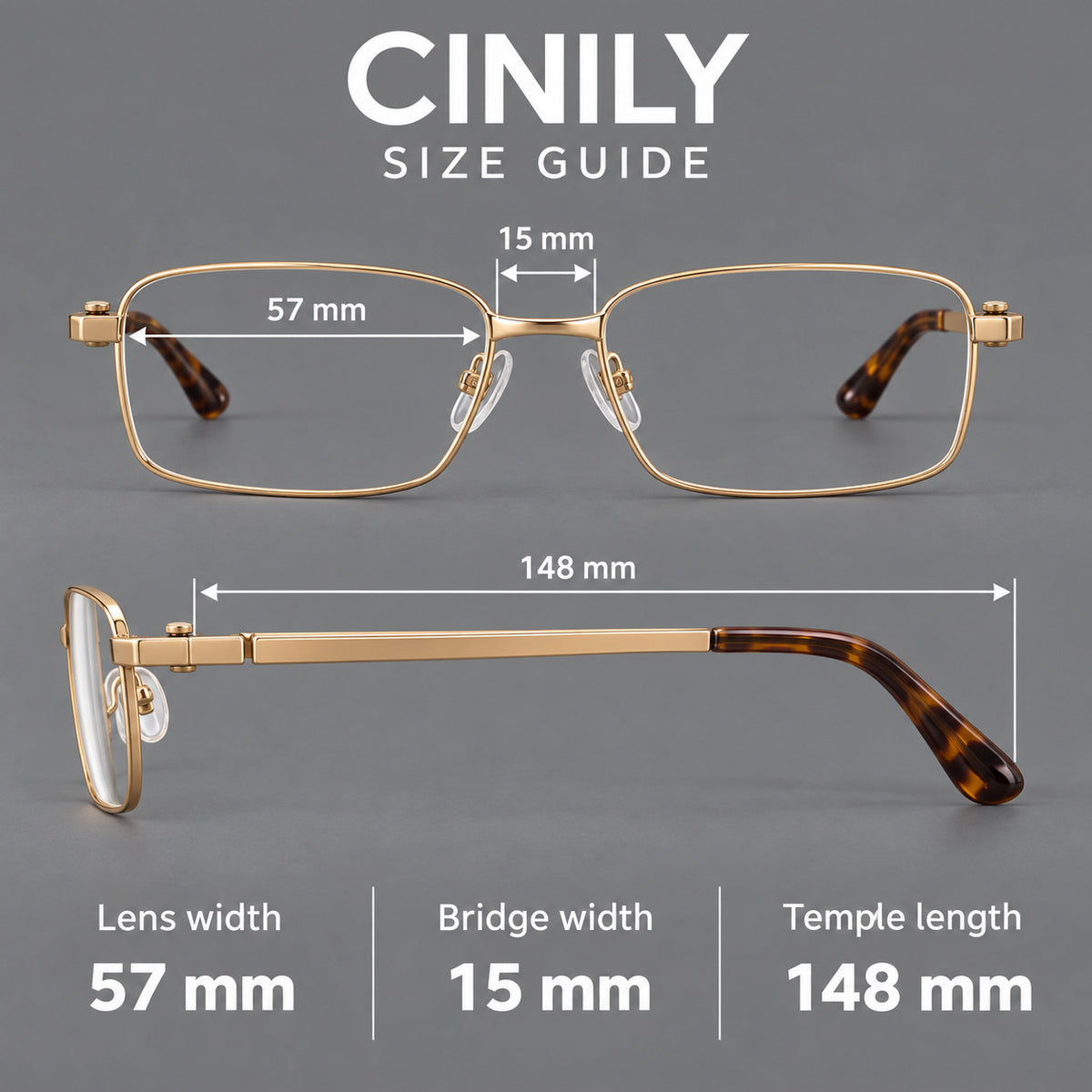 Wide rectangular titanium glasses with a broad bridge and rounded hinge caps, size guide in millimetres