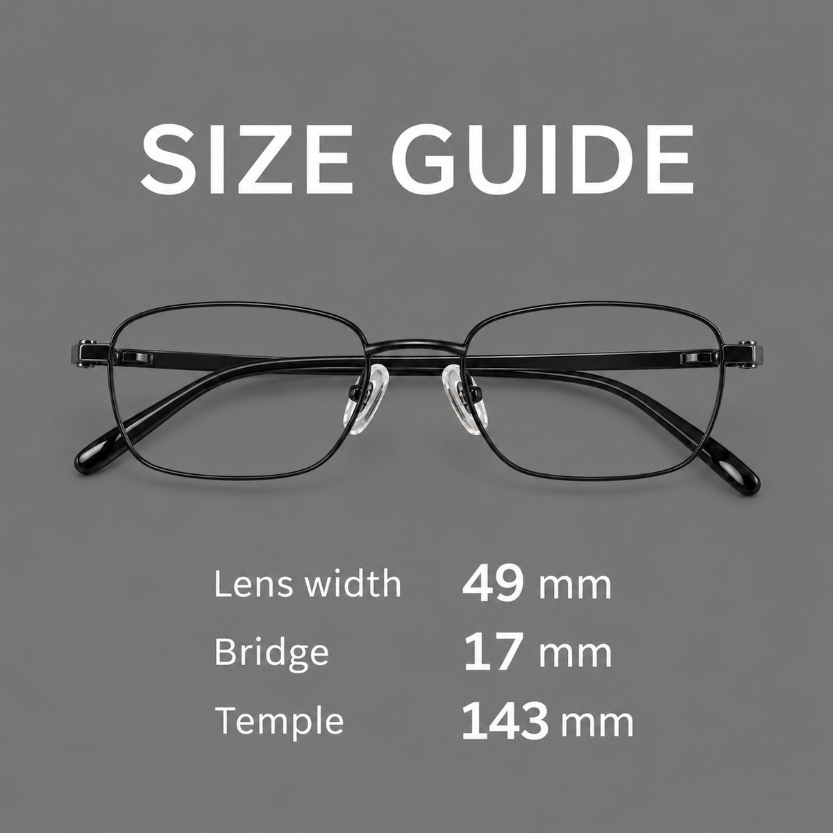 Shallow rectangular titanium glasses with a broad bridge and stepped temple joins, size guide in millimetres