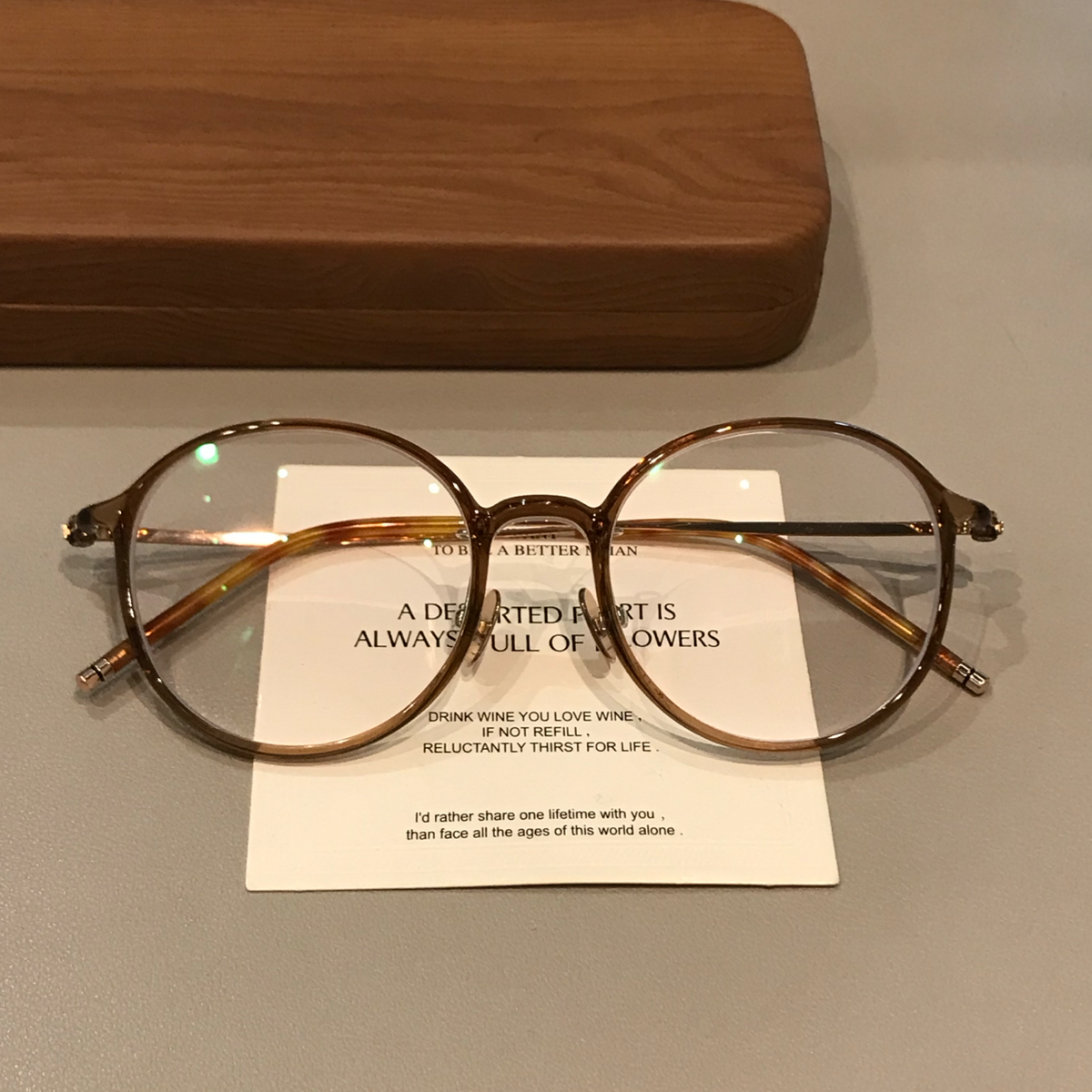 Round Eyeglass Frames with Thin Rims, Transparent Gray or Cool Tea Brown