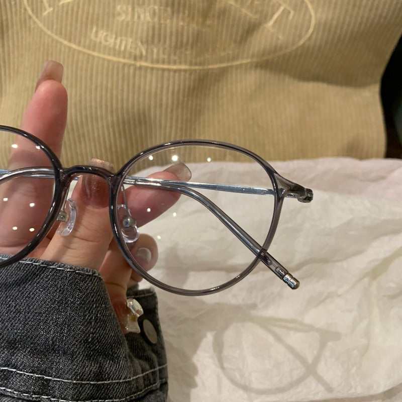 Round Eyeglass Frames with Thin Rims, Transparent Gray or Cool Tea Brown