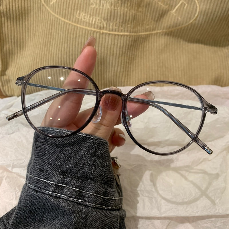 Round Eyeglass Frames with Thin Rims, Transparent Gray or Cool Tea Brown