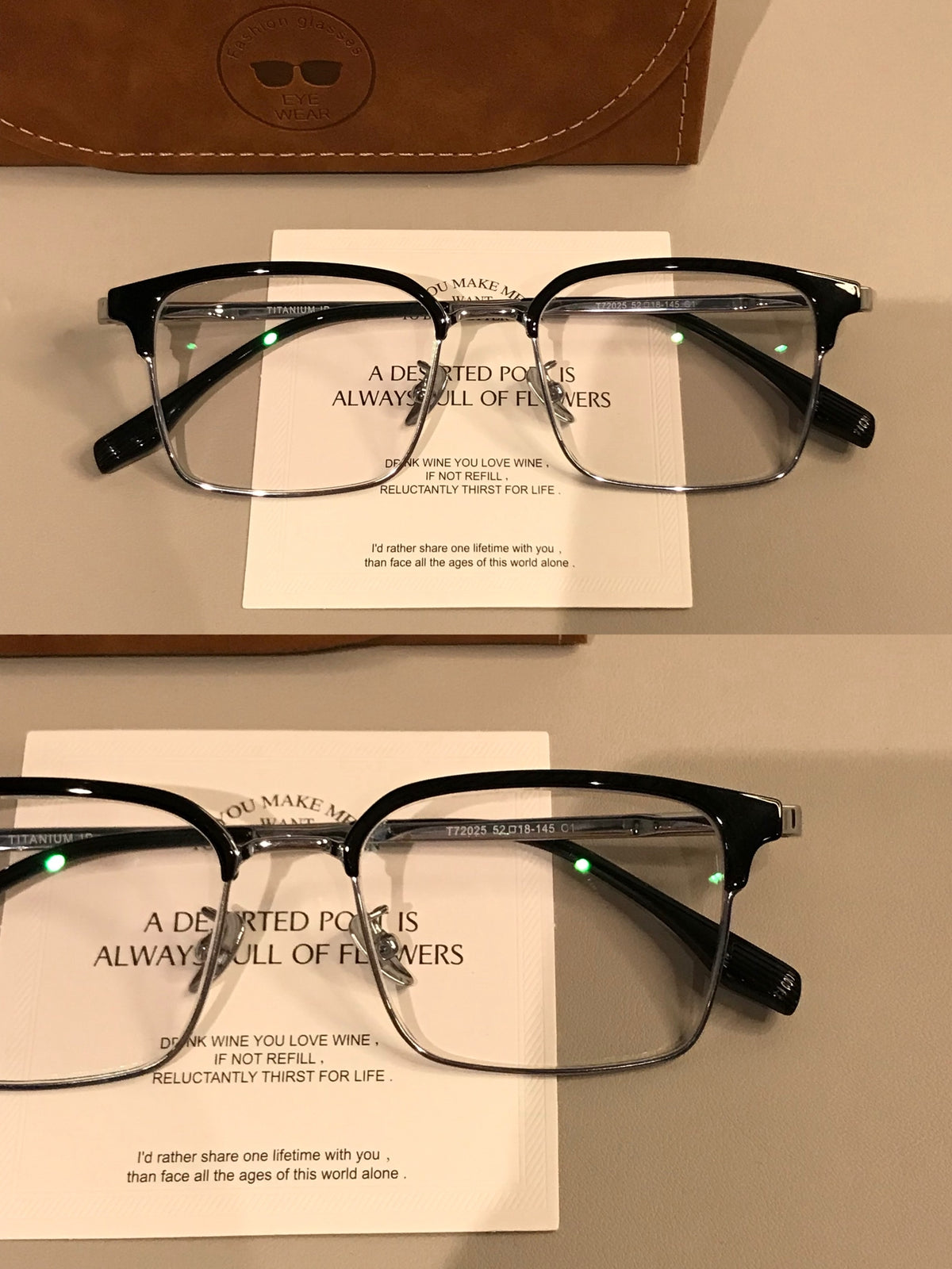 Men's Rectangular Browline Eyeglass Frames with Slim Lower Rims, Black/Silver
