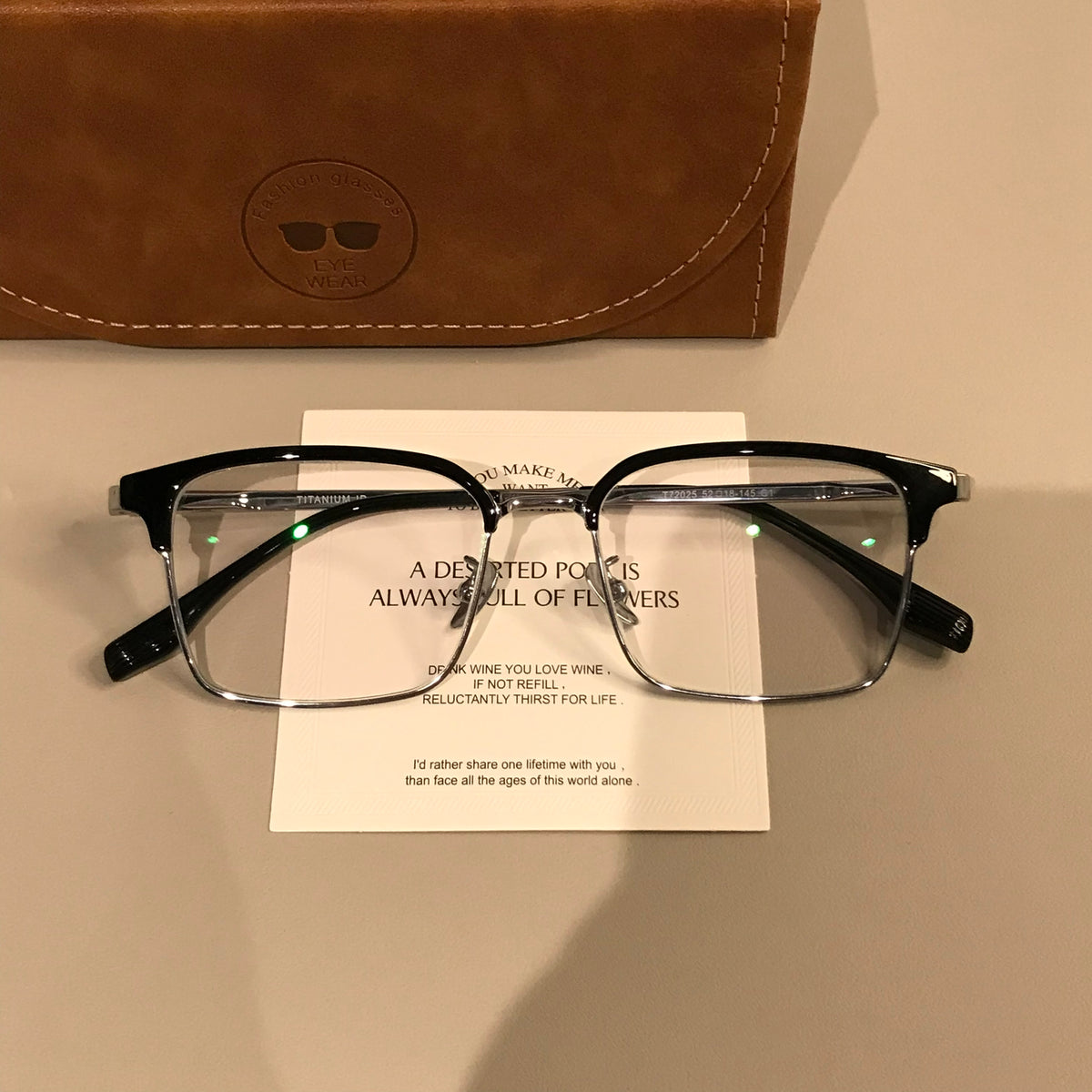 Men's Rectangular Browline Eyeglass Frames with Slim Lower Rims, Black/Silver