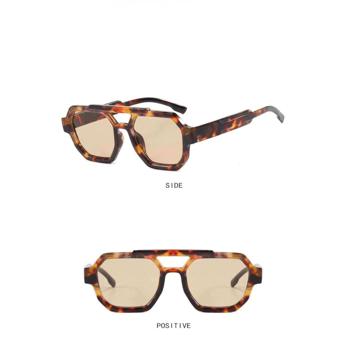 Plastic Tortoise Double-Bridge Polygon UV400 Sunglasses