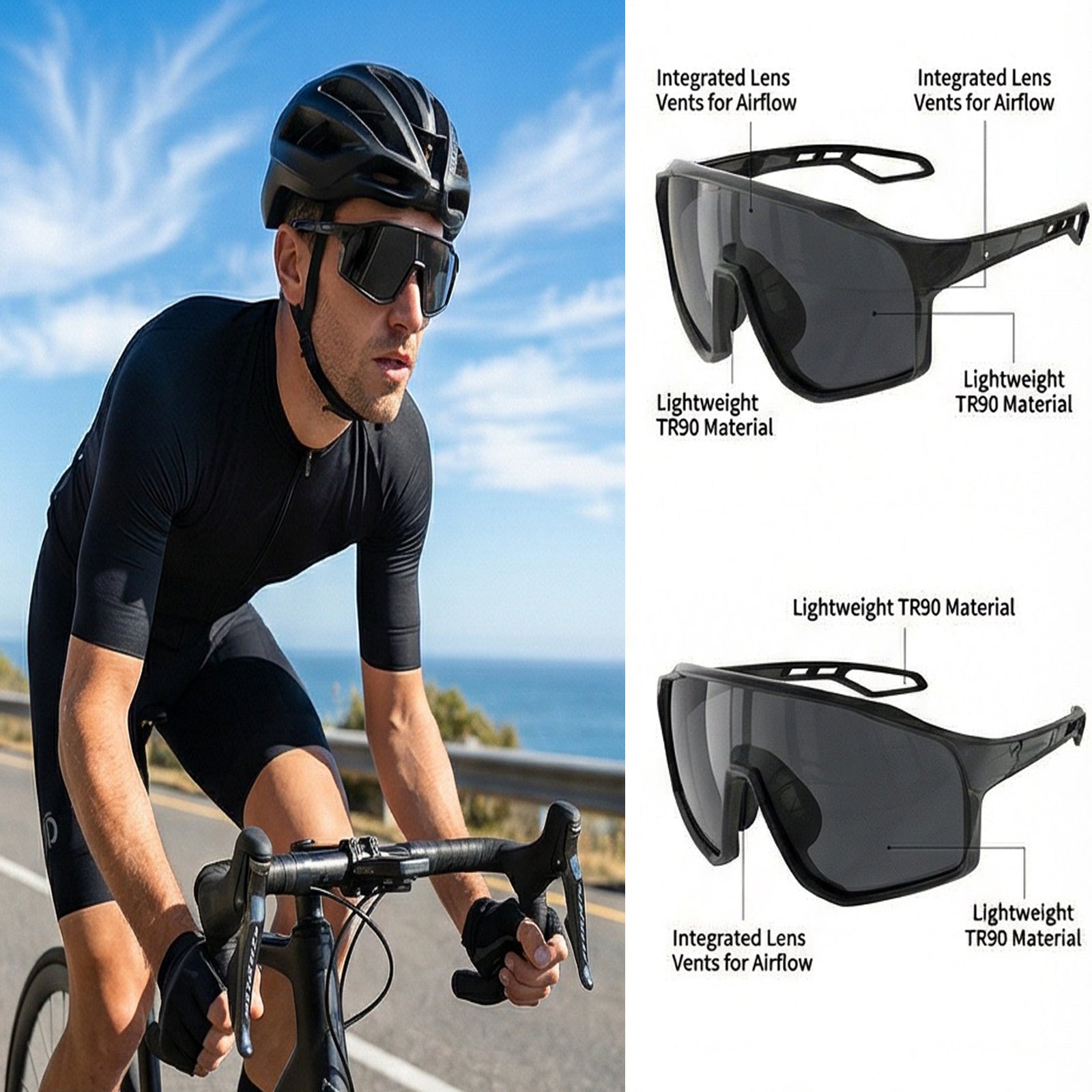 TR90 Angular Shield Sports Sunglasses with PC Lens for Cycling and Outdoor Use front view