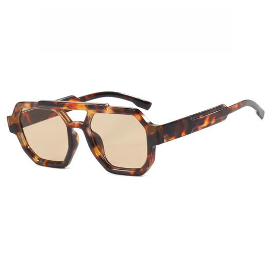 Plastic Tortoise Double-Bridge Polygon UV400 Sunglasses