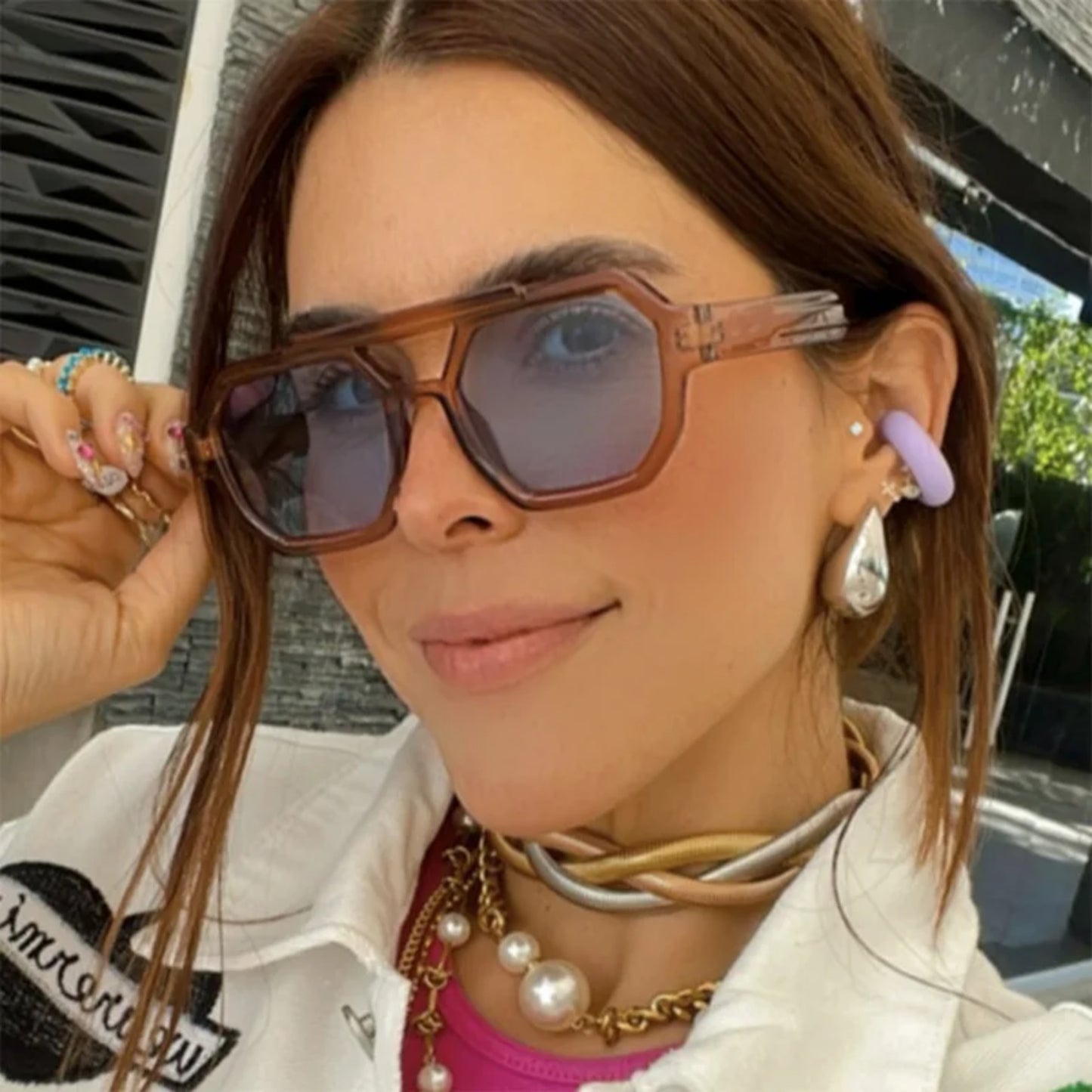 Plastic Tortoise Double-Bridge Polygon UV400 Sunglasses