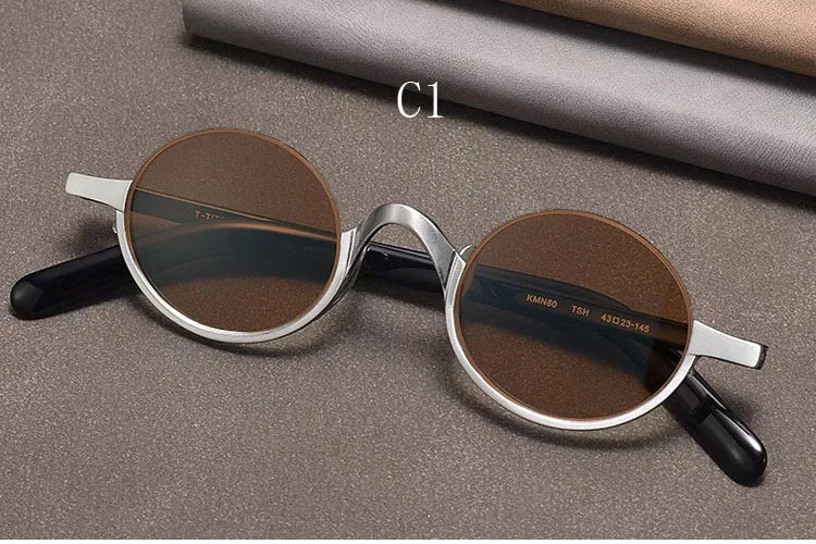Retro Oval Polarised Sunglasses | Titanium Frame | Dark Brown - silver