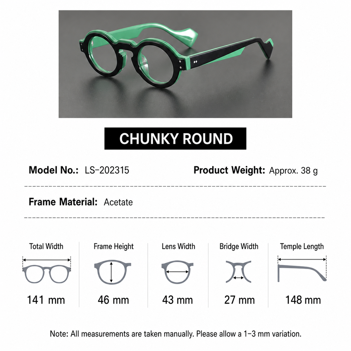 Cinily size chart — acetate-chunky-round-prescription-eyeglasses-rovian