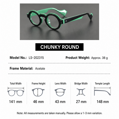 Cinily size chart — acetate-chunky-round-prescription-eyeglasses-rovian additional product view
