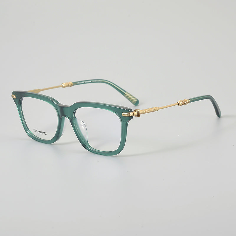 Retro Square Glasses Frames - Clear Green & Gold