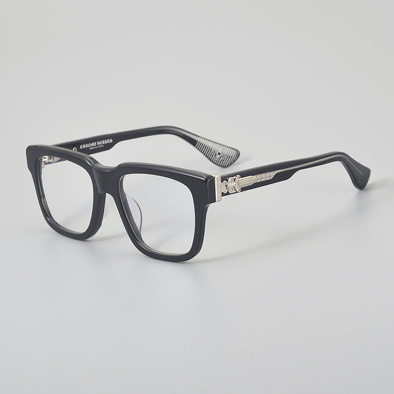 Retro Rectangular Acetate Glasses Frames - Black & Silver