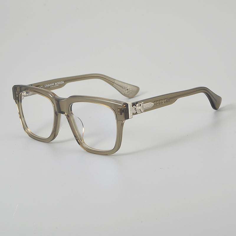 Retro Rectangular Acetate Glasses Frames - Clear Brown & Silver