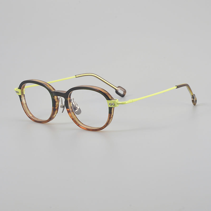 Retro Round Titanium Alloy Glasses Frames - Tortoiseshell & Lime Green