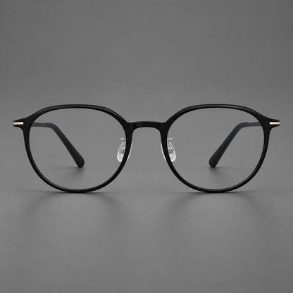 Retro round plastic eyeglasses with a curved bridge and slim metal corner accents in Glossy Black, front view side view