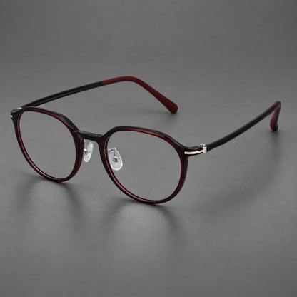 Retro round plastic eyeglasses with a curved bridge and slim metal corner accents in Deep Wine Red, three quarter view additional product view