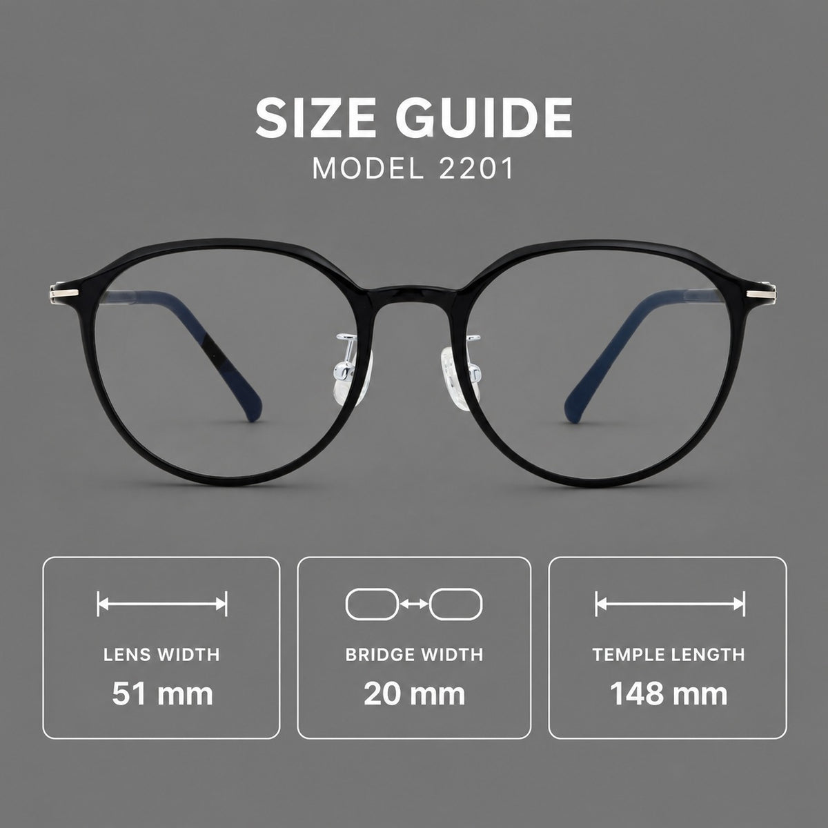 Retro round plastic eyeglasses with a curved bridge and slim metal corner accents, size guide in millimetres