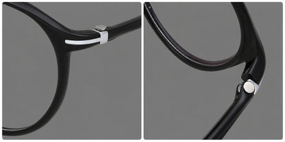 Compact round plastic eyeglasses with gently lifted corners and clear nose pads, frame details additional product view